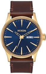 Nixon Sentry Leather Watch - polished gold/navy sunray